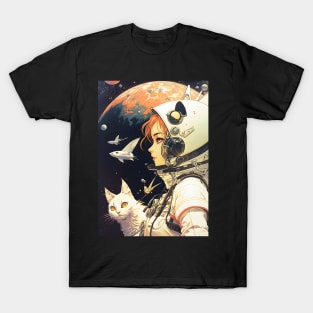 Girl and Cat in Space Fantastic Retro 70s T-Shirt